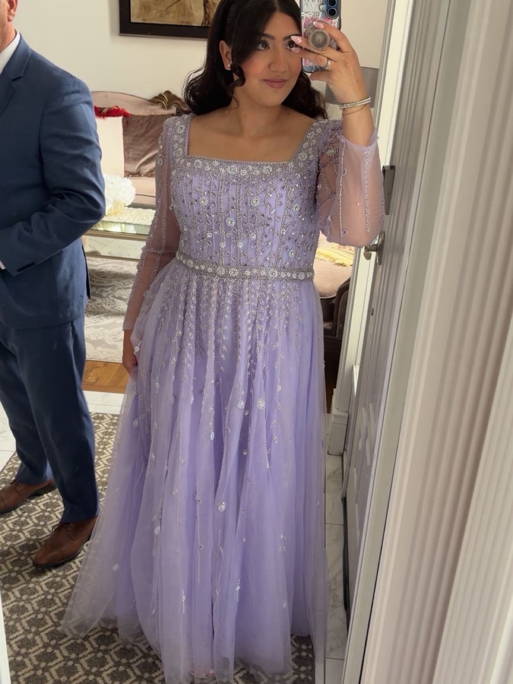Lilac Beaded Tulle Evening Gown - Women